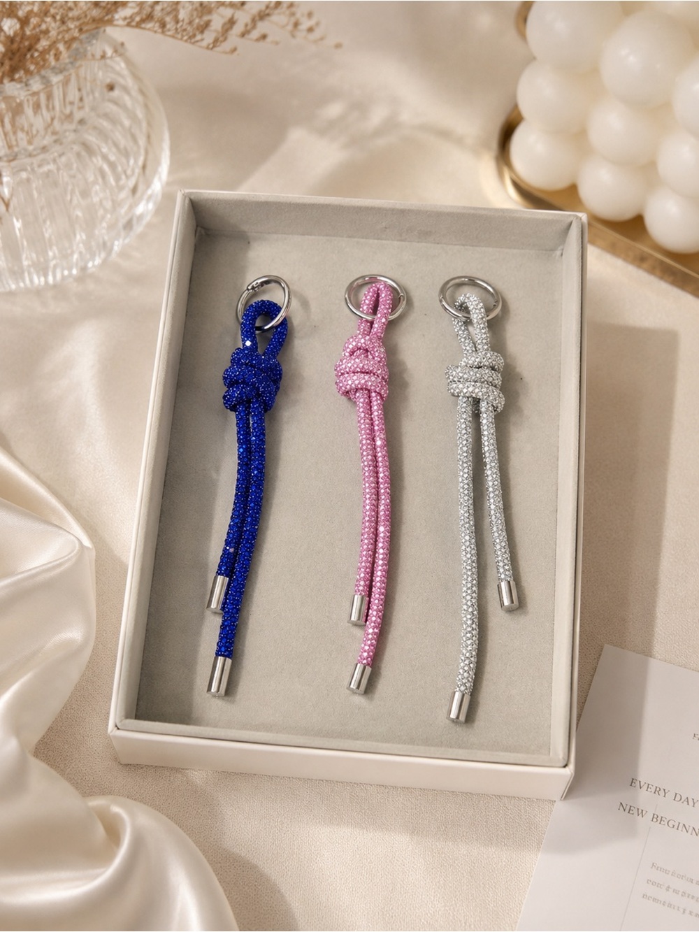 3 sparkle bling Knot Tassel Keychain purse strap lot Blue Pink Silver cute gift